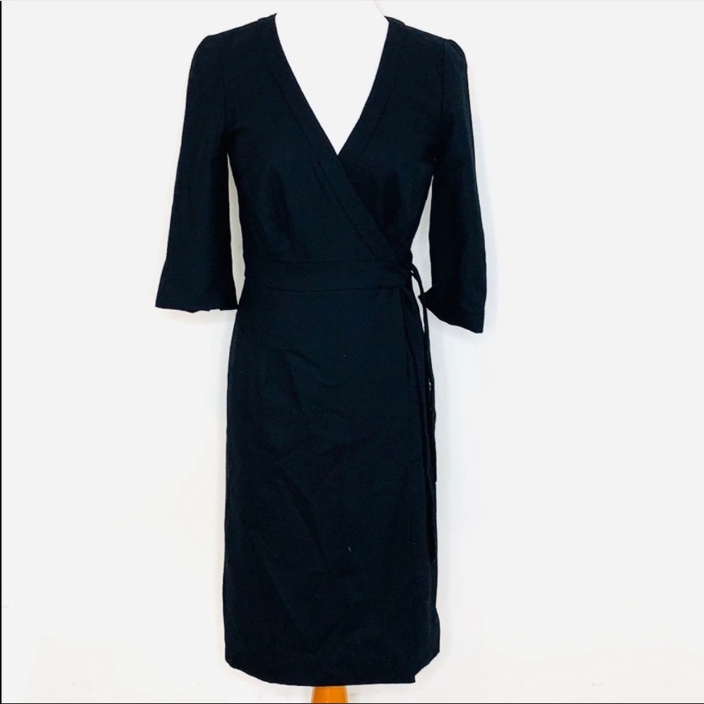 J Crew Vintage Classic Wool Charcoal Gray Faux Wrap Elbow Sleeves Midi Dress